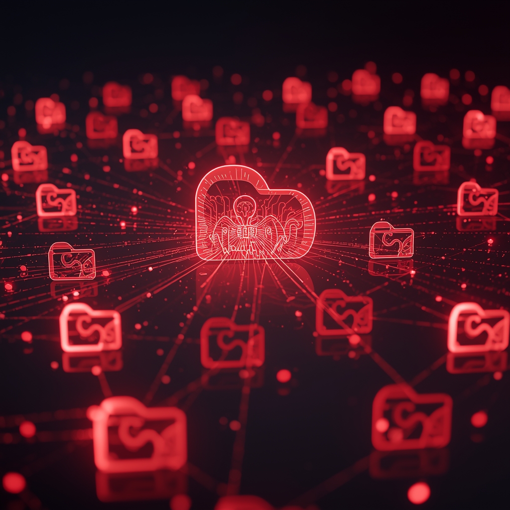 A glowing abstract representation of digital folders, data streams, and connectivity lines in a clean layout, emphasizing digital services, no human figures, red and gray palette. (no woman image)